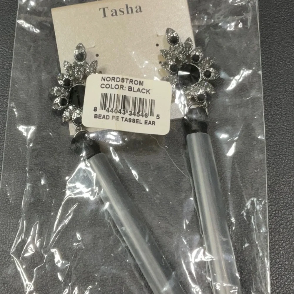 Tasha NWT Beaded Rhinestone Earrings with Black Tassels